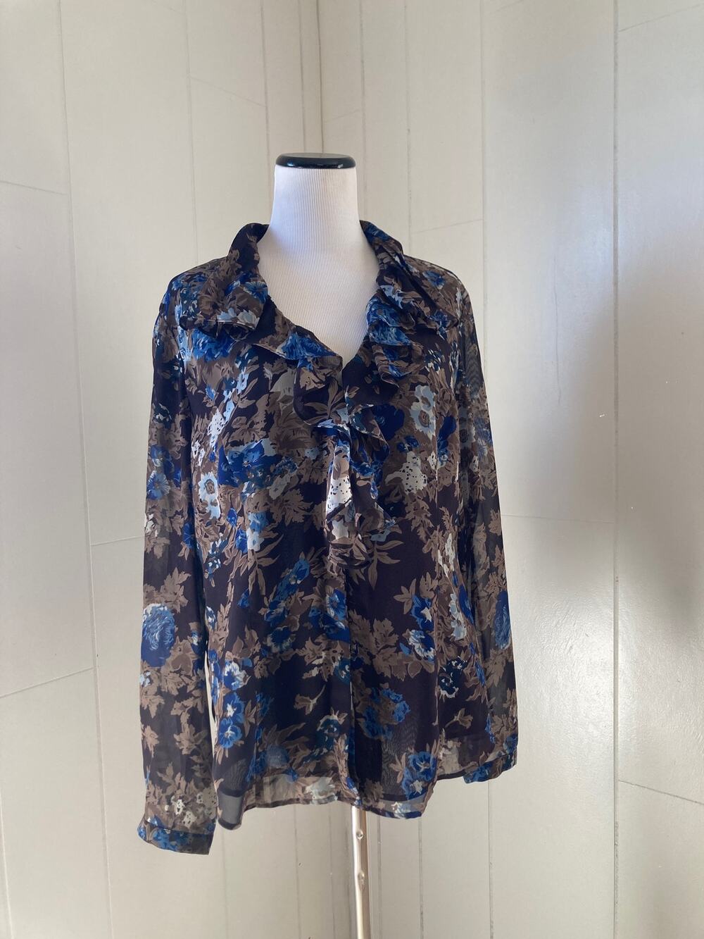 Coldwater Creek Brown & Blue Floral Chiffon Buttondown Blouse, Size L